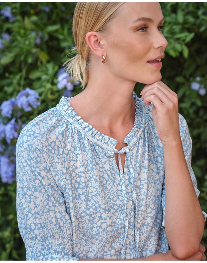 Short Sleeve Tie Frill Neck Blouse