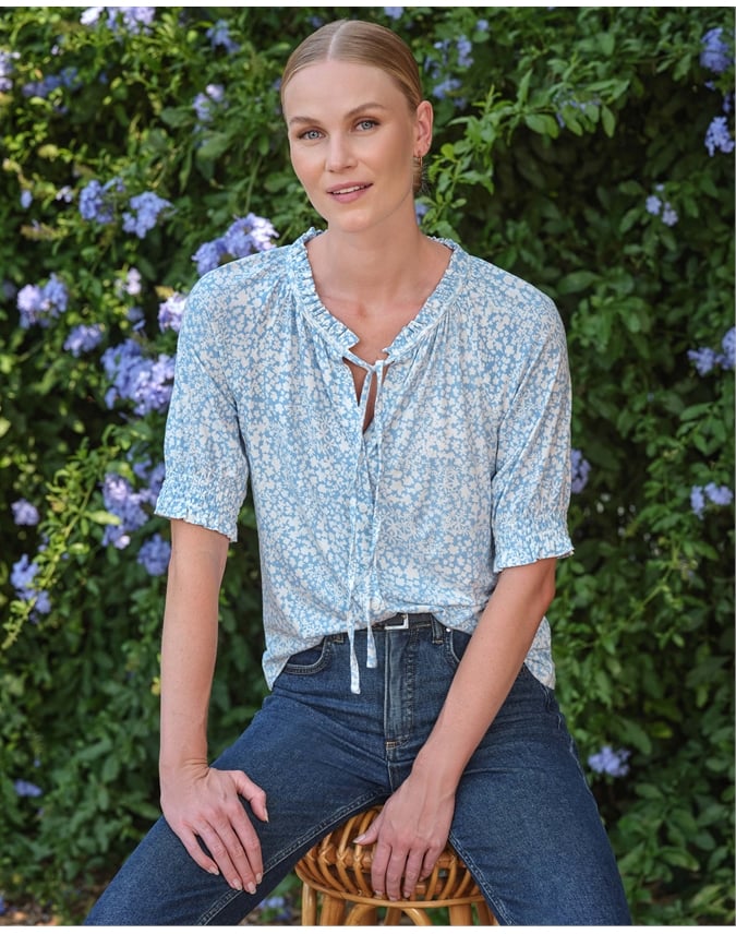 Short Sleeve Tie Frill Neck Blouse