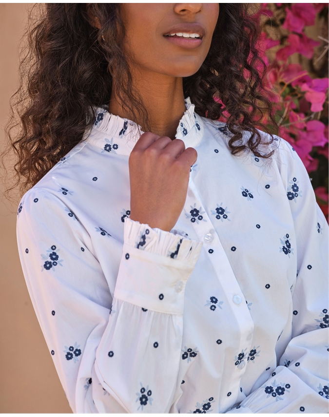 Embroidered Frill Neck Cotton Shirt