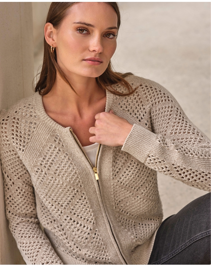 Cotton Mesh Zip Cardigan