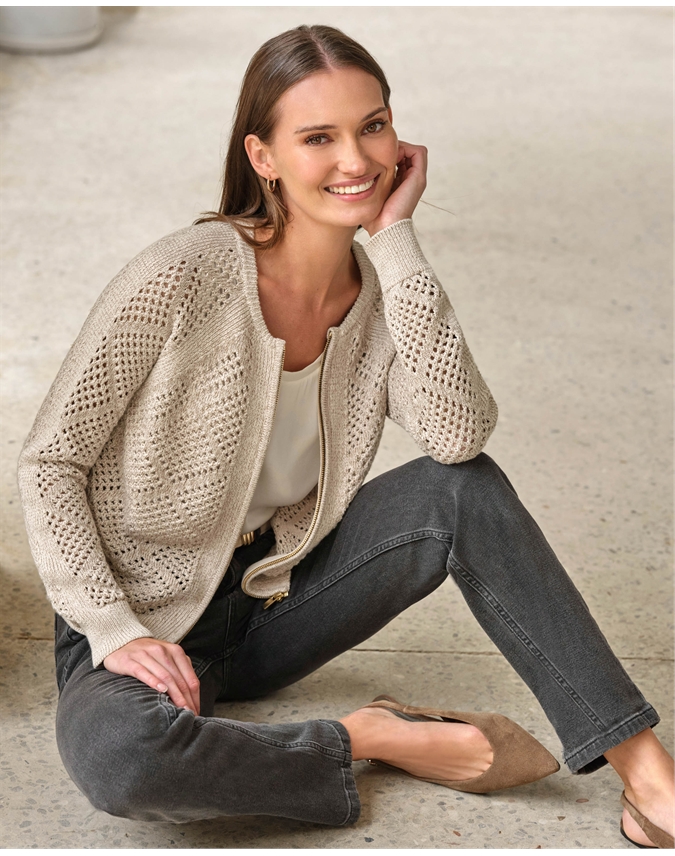 Cotton Mesh Zip Cardigan