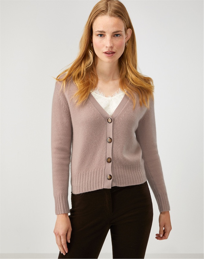 Warm Taupe | Cashmere Lofty V-Neck Cardigan | Pure Collection