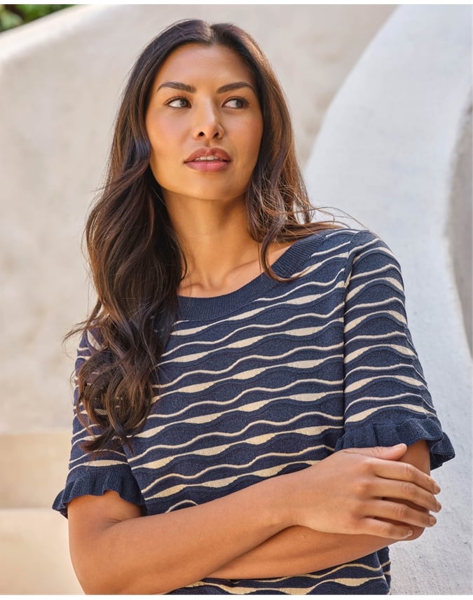 Short Sleeve Cotton Blend Wavy Stripe Top