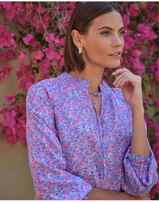 Watercolour Pansy Shirred Neck Blouse