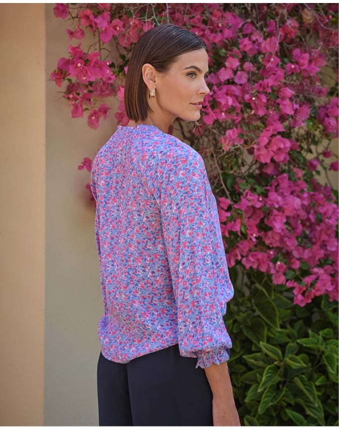 Watercolour Pansy Shirred Neck Blouse