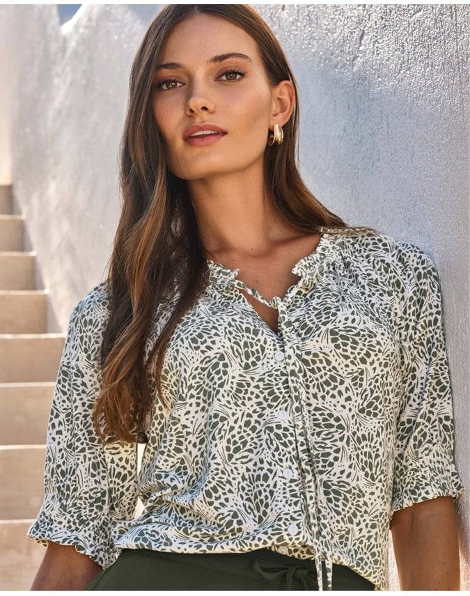 Short Sleeve Tie Frill Neck Blouse