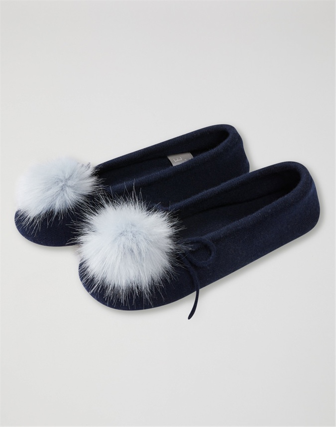 Navy Faux Fur Pom | Cashmere Slipper 