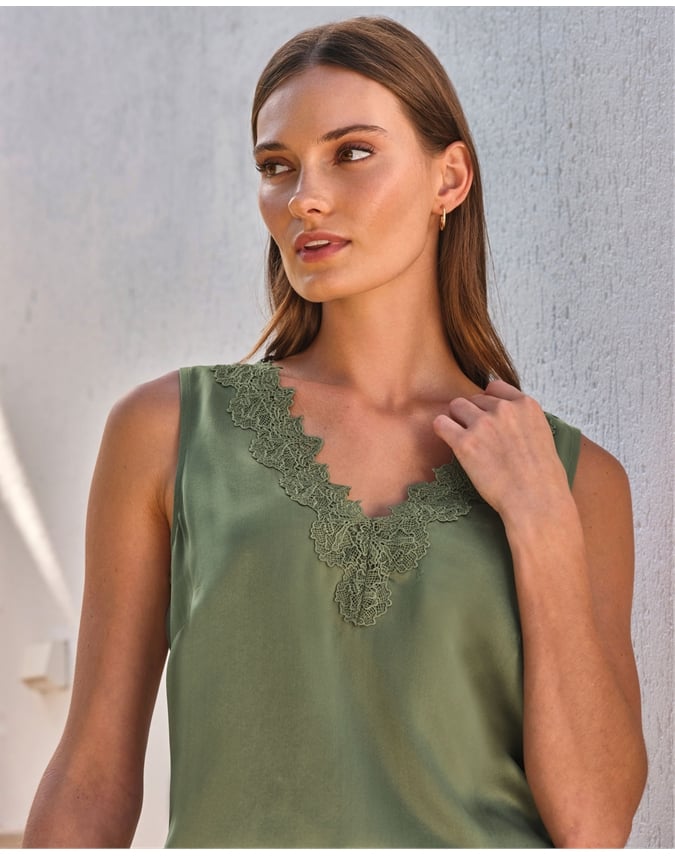 Lace Trim Silk Shell Top