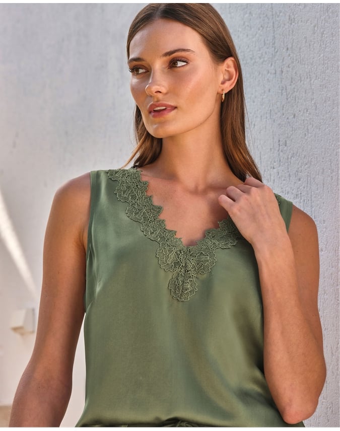 Lace Trim Silk Shell Top