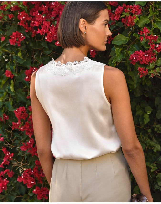 Lace Trim Silk Shell Top