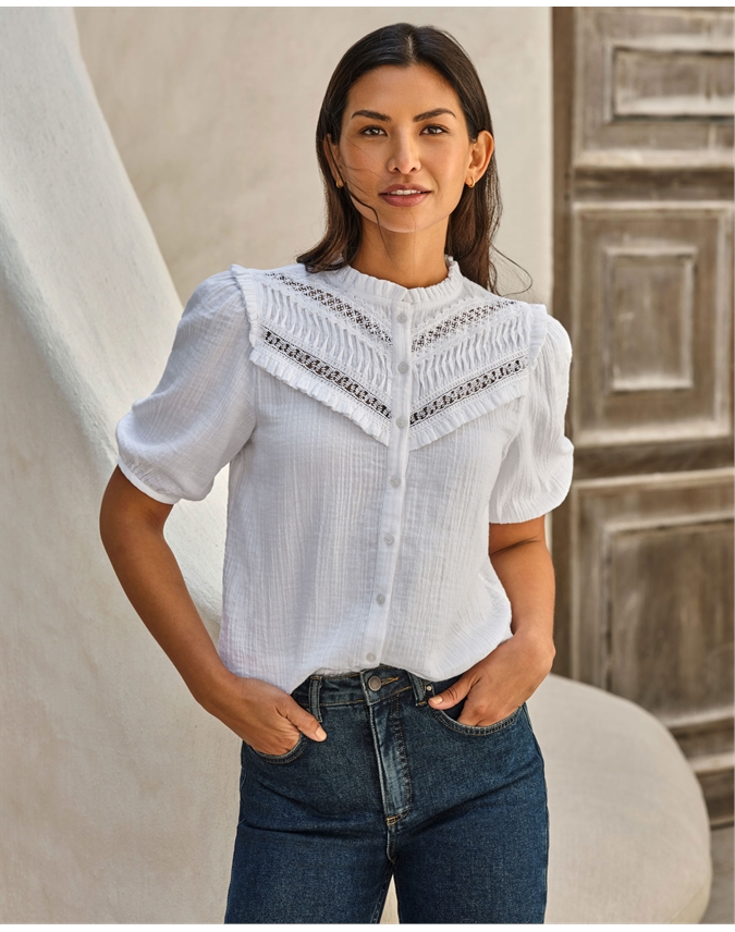 Lace Trim Double Cloth Blouse