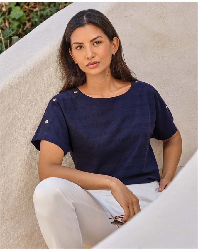 Button Shoulder Textured Tee