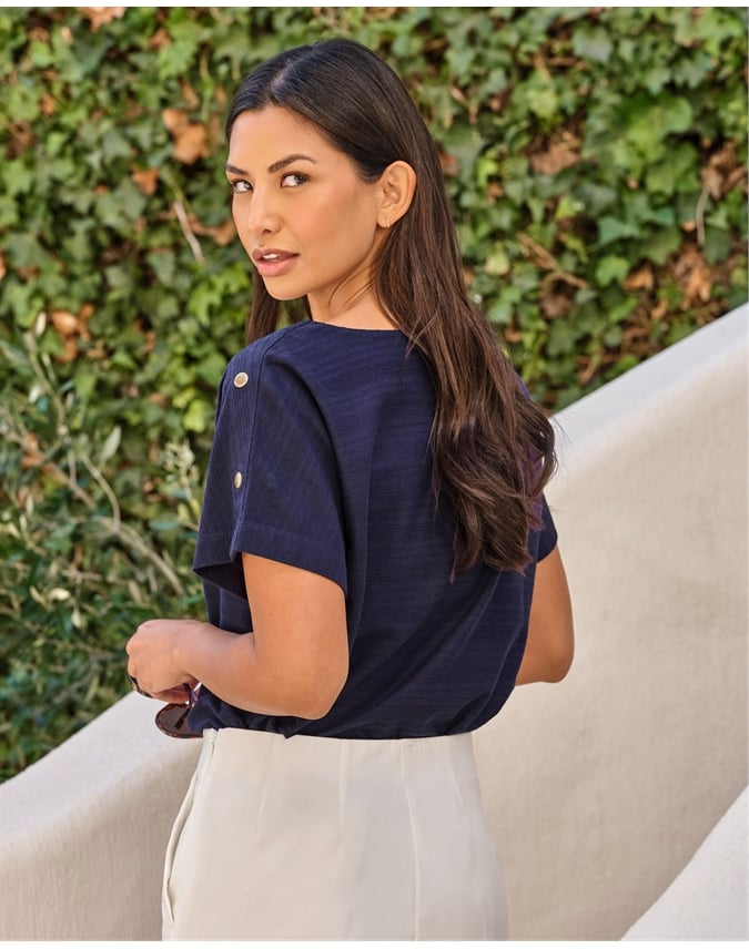 Button Shoulder Textured Tee