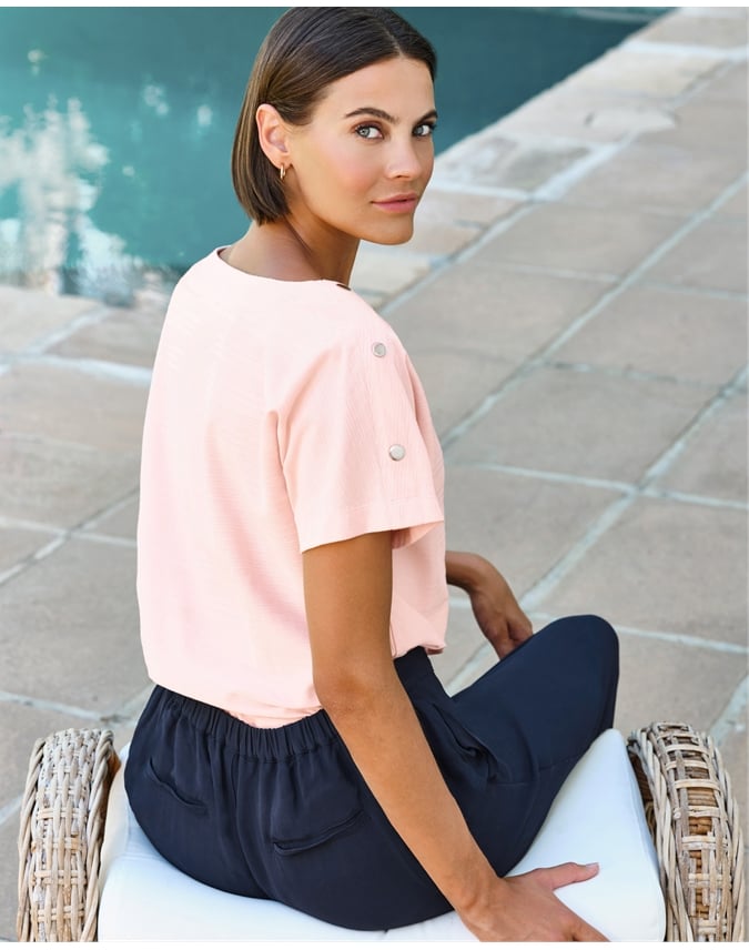 Button Shoulder Textured Tee