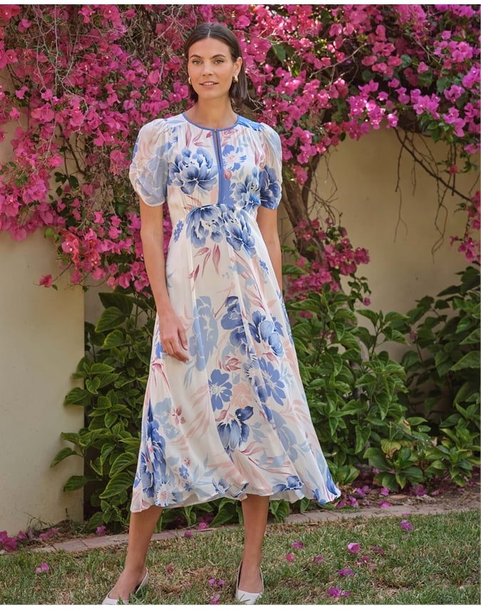 Contrast Trim Floral Midi Dress