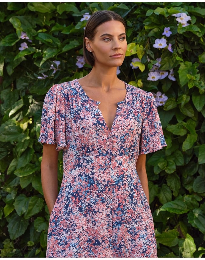 Button Through Flutter Sleeve Dress