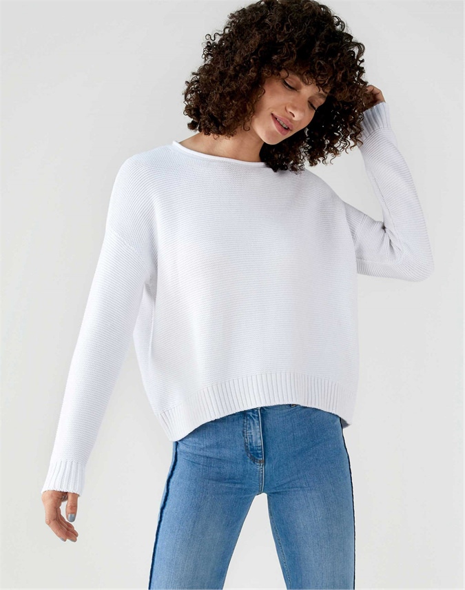 White | Cotton Dipped Hem Textured Sweater | Pure Collection