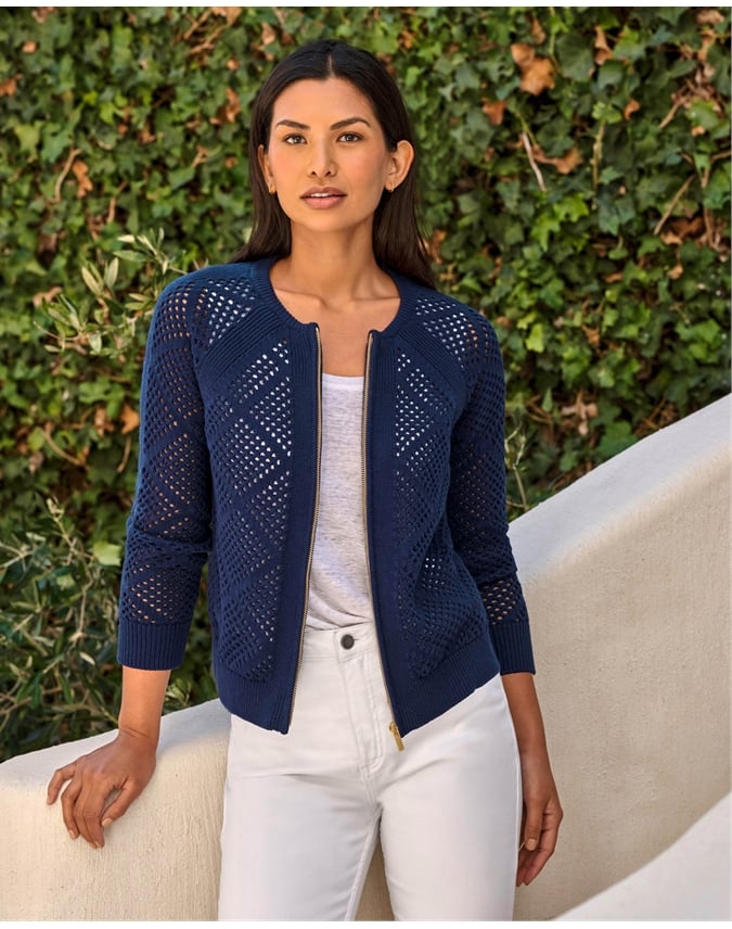 Cotton Mesh Zip Cardigan