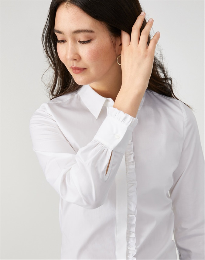 White | Cotton Ruffle Trim Shirt | Pure Collection