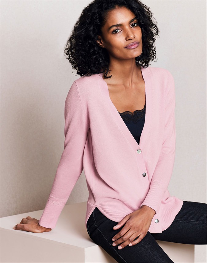 Blossom Pink Curved Hem V Neck Cardigan Pure Collection