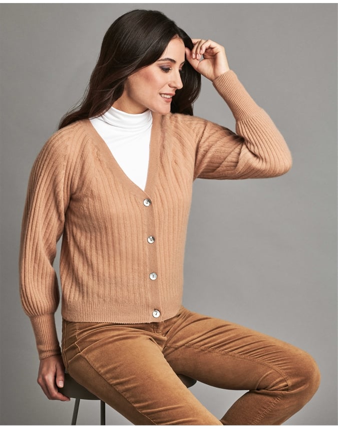 nathalie beige balloon sleeve knitted cardigan