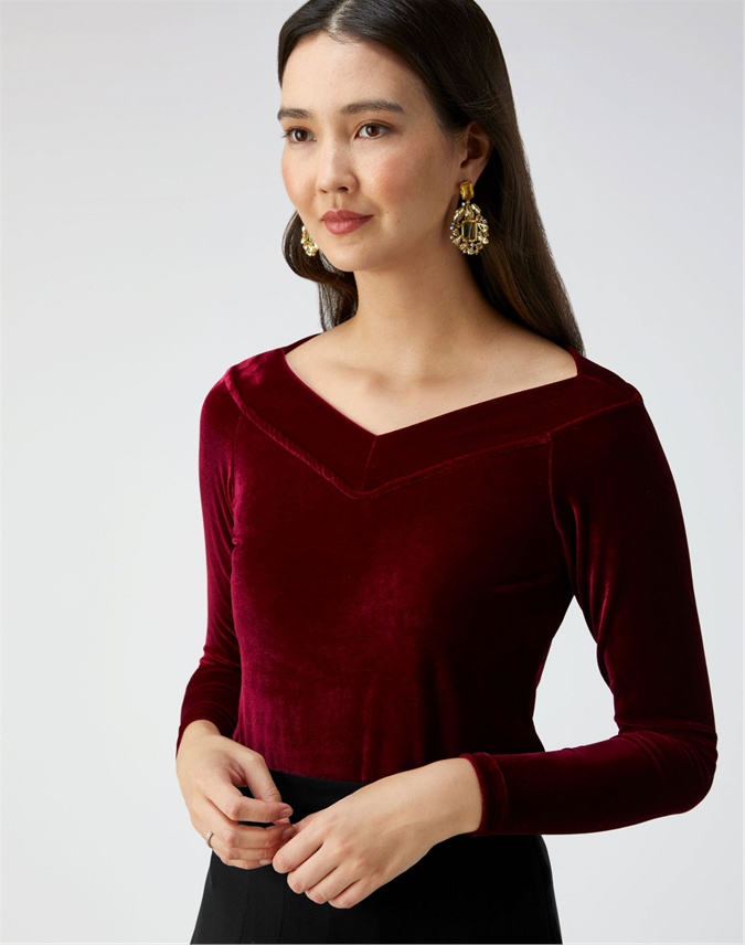 Burgundy Velour | Jersey Deep Neck Top | Pure Collection