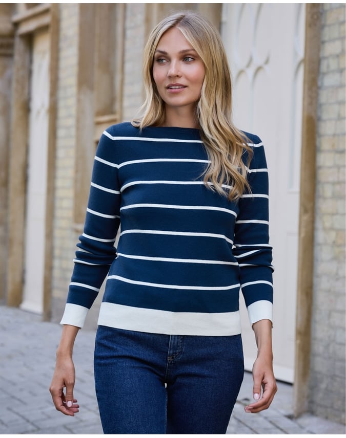 Cotton Wool Striped Boat Neck Jumper
