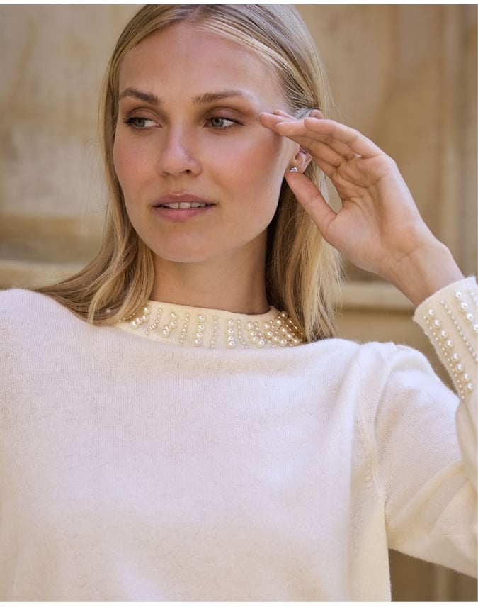 Wool Cashmere Pearl Trim Sweater