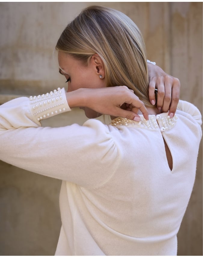 Wool Cashmere Pearl Trim Sweater