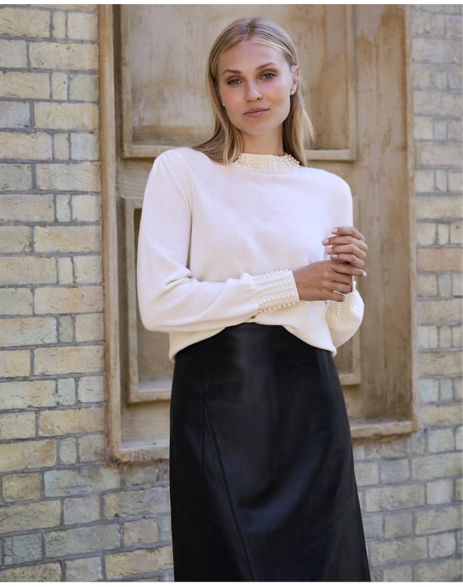 Wool Cashmere Pearl Trim Sweater