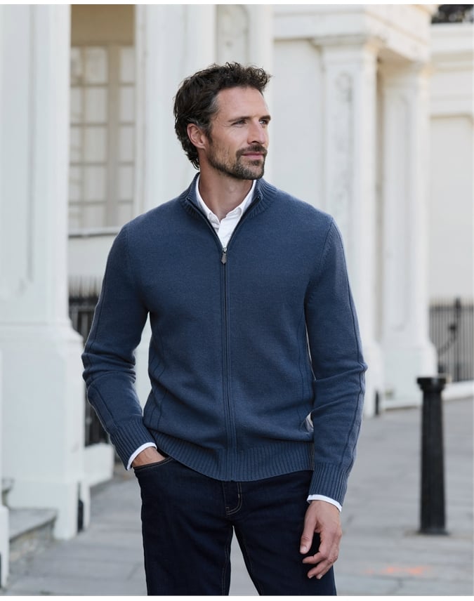 Wool Cashmere Ribbed Zip Through Cardigan