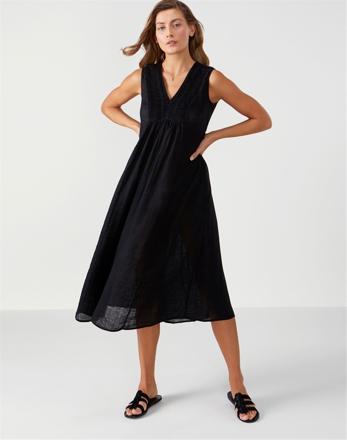 Black | Laundered Linen Midi Dress | Pure Collection
