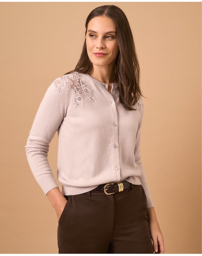 Wool Cashmere Lace Insert Cardigan