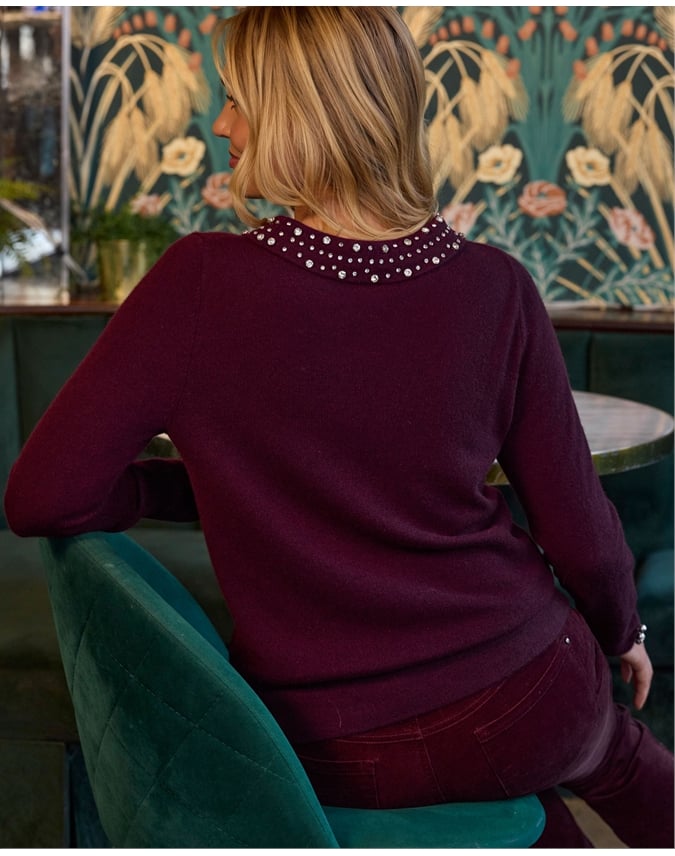 Wool Cashmere Embellished Bardot Sweater