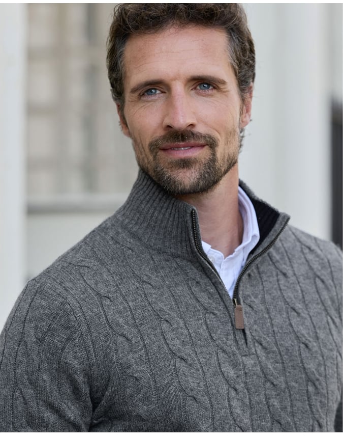 Mens Cashmere Blend Half Zip Cable Sweater