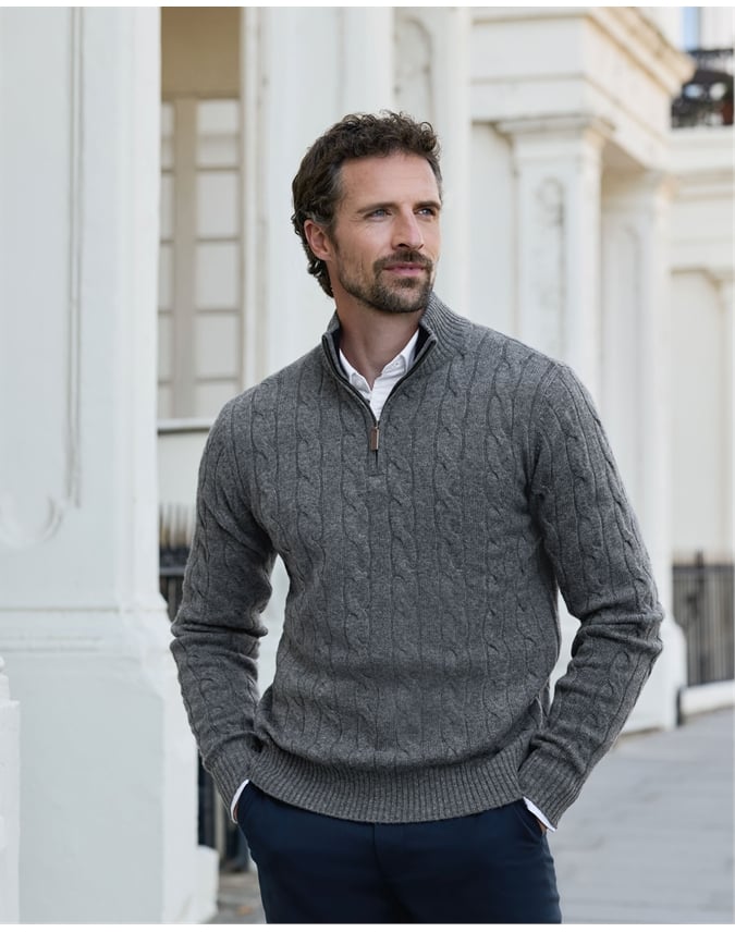 Mens Cashmere Blend Half Zip Cable Sweater