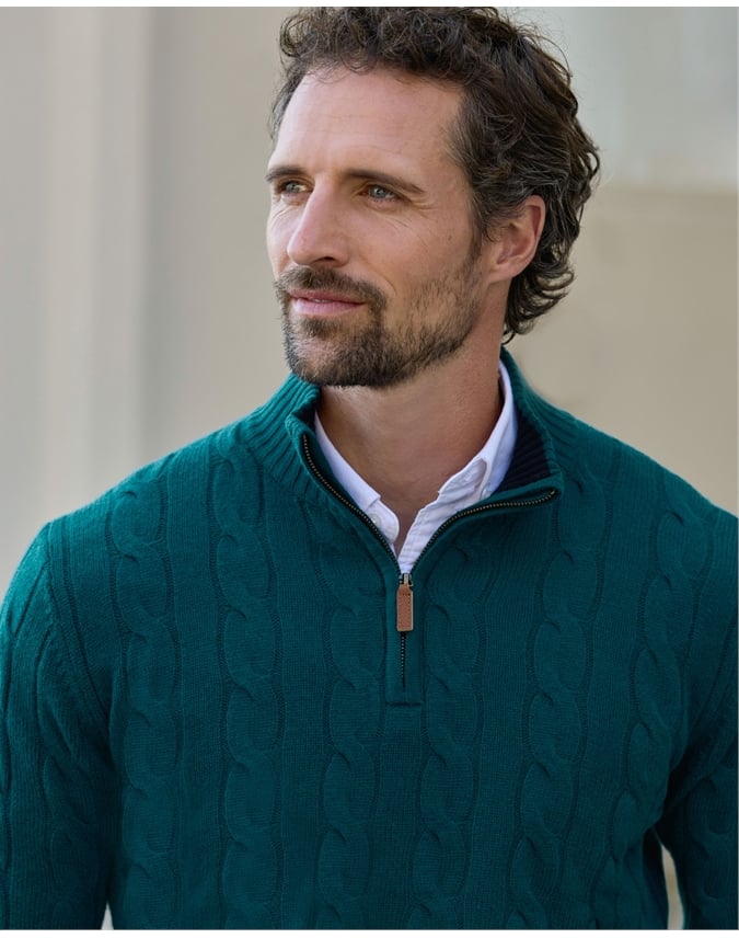 Mens Cashmere Blend Half Zip Cable Sweater