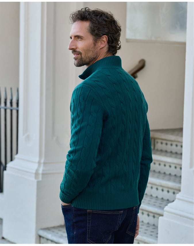 Mens Cashmere Blend Half Zip Cable Sweater