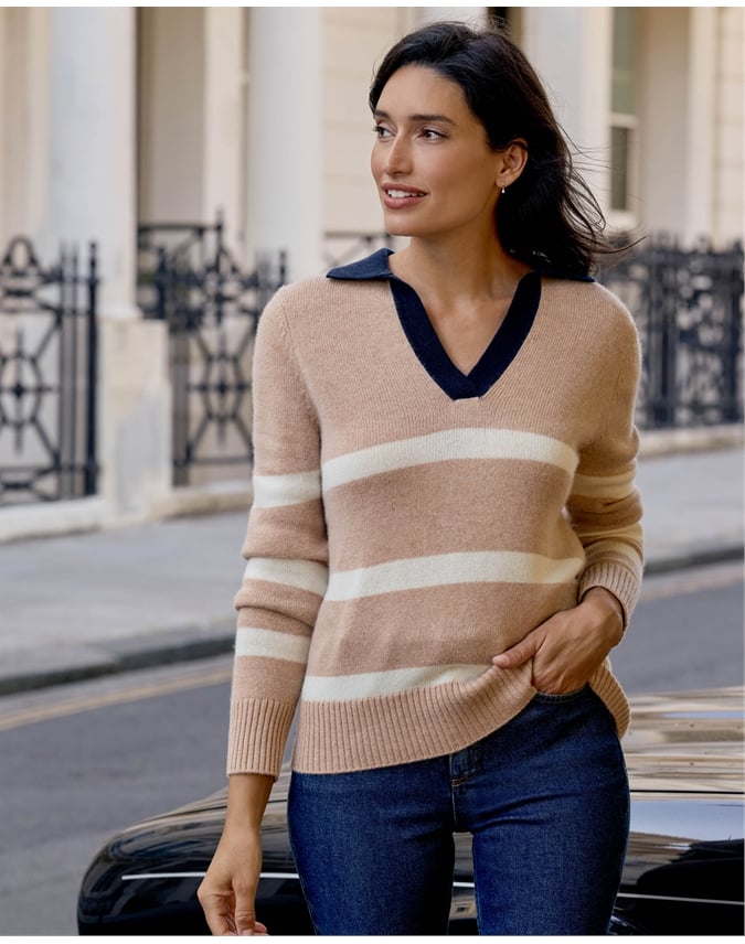 Wool Cashmere Striped Collar Sweater