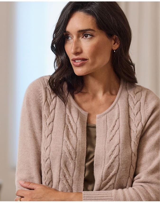 Wool Cashmere Mid Length Cable Cardigan