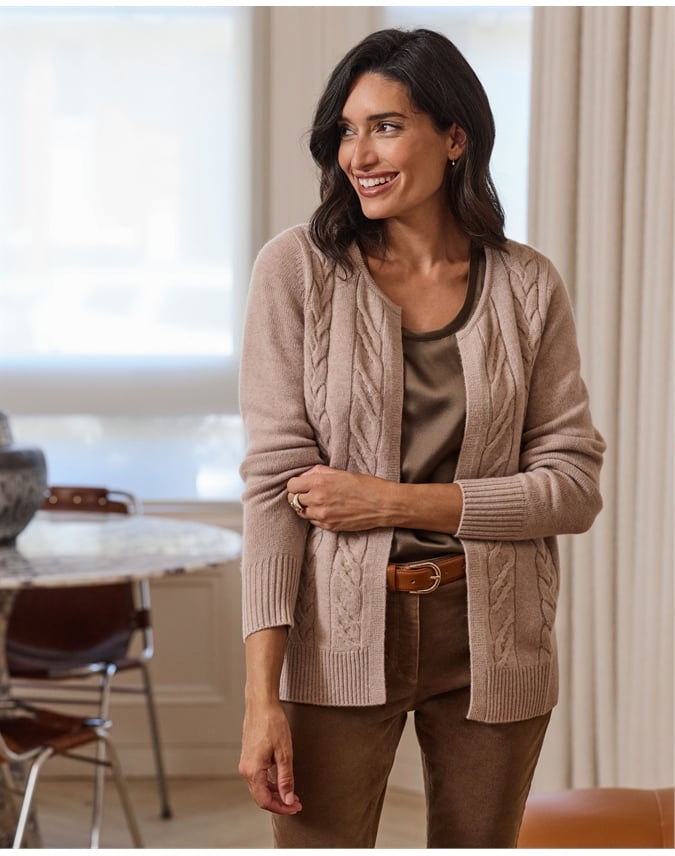 Wool Cashmere Mid Length Cable Cardigan