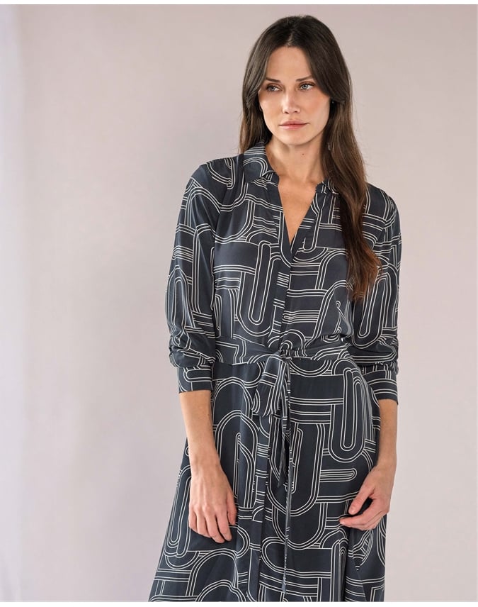 Linear Geo Silk Shirt Dress