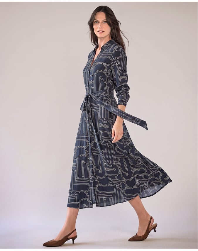 Linear Geo Silk Shirt Dress
