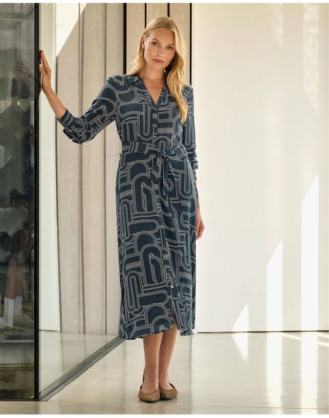 Linear Geo Silk Shirt Dress