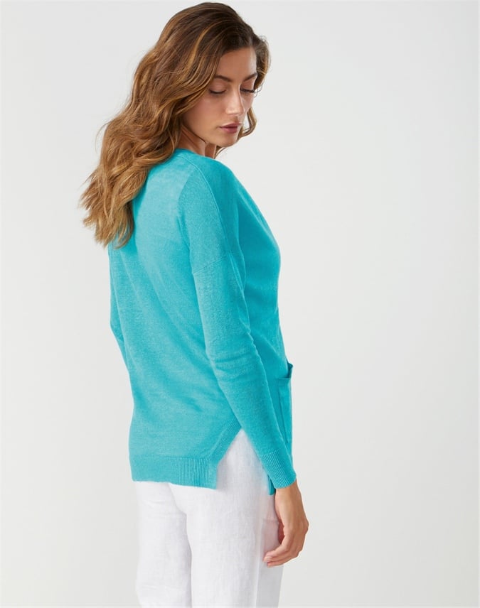 Turquoise Linen Boyfriend Cardigan Pure Collection