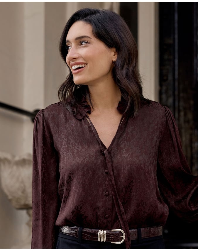 Jacquard Frill Tie Neck Blouse