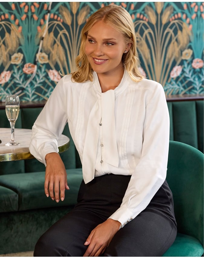 Pleat Front Tie Neck Blouse