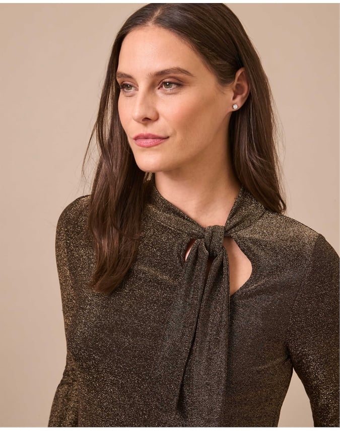 Tie Neck Metallic Shimmer Top