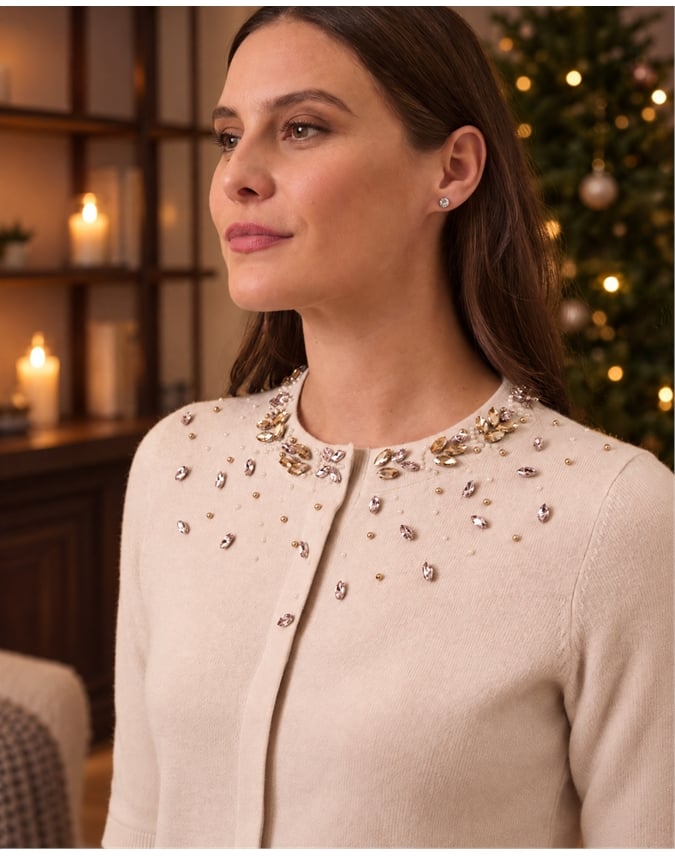Wool Cashmere Crystal Half Sleeve Cardigan