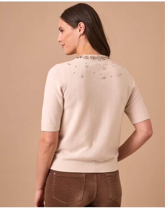 Wool Cashmere Crystal Half Sleeve Cardigan
